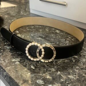 Vince Camuto Black Belt with Pearl and Gold Buckle
